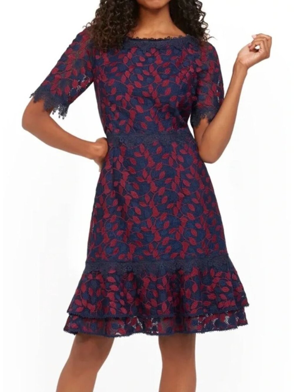 SHANI Embroidery Lace Two Tone Fit And Flare Midi Sheath Dress Berry 4